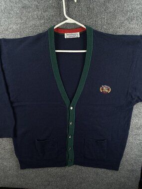 Burberry Blue Scotland V-Neck Wool Logo Cardigan Size 48 Long Sleeve Knit Preppy